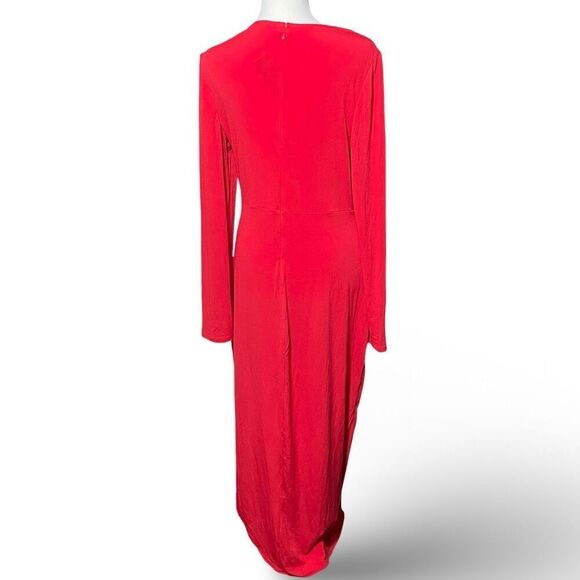 EXPRESS Vibrant Red Dress, Asymmetrical Hem, Long Sleeves  Front Cut out, Size L - Picture 8 of 9